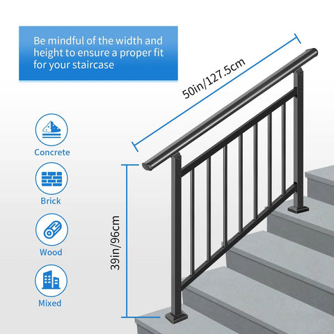 Heavy Duty Two In One Stair Handrail And Horizontal Railing Kit features a 50in by 39in size suitable for concrete and wood steps.