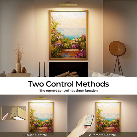 Brushed Gold Battery Operated Picture Light 16 Inch With Dimmable CCT highlights artwork in living room using touch and remote control.