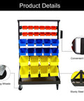 Six Tier Rolling Bin Storage Rack With Sixty Color Coded Bins On Smooth Wheels Dual Sided Parts Organizer With Top Tray