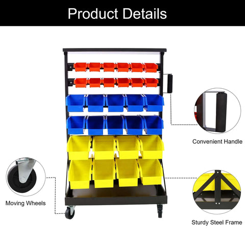 Six Tier Rolling Bin Storage Rack With Sixty Color Coded Bins On Smooth Wheels Dual Sided Parts Organizer With Top Tray
