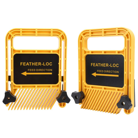 6 Inch Adjustable Feather Board And Tough As Nails ABS Push Block for Table Saw Router Table, yellow with black labels.