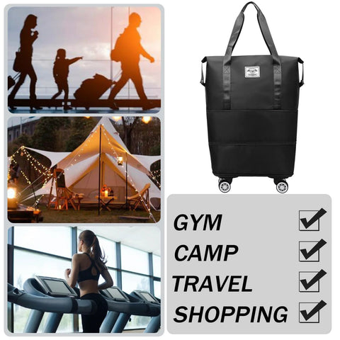 Black rolling duffle bag with detachable wheels; front view, expandable travel luggage