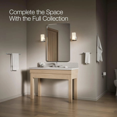 Bathroom scene with Elate Vertical Toilet Paper Holder In Polished Chrome Minimalist Metal Design Premium Durable Construction
