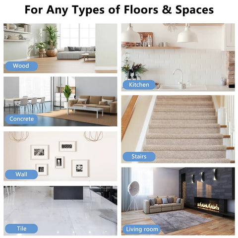 Collage of various floor types showcasing spaces ideal for Non Slip Carpet Tape Kit 24 Pieces Edge Fixer to Stop Curling and Slippage.