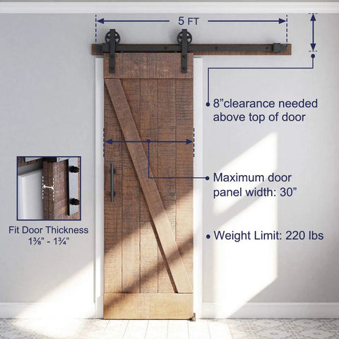 Beefy Heavy Duty Sliding Barn Door Hardware Kit 5ft Black With Pull Handle Set And Floor Guide Fits 30 Inch Wide Door Panel