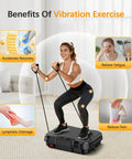 Woman using Vibration Plate Exercise Machine For Home Workouts No Gym Needed Platform, highlights benefits like recovery and pain reduction