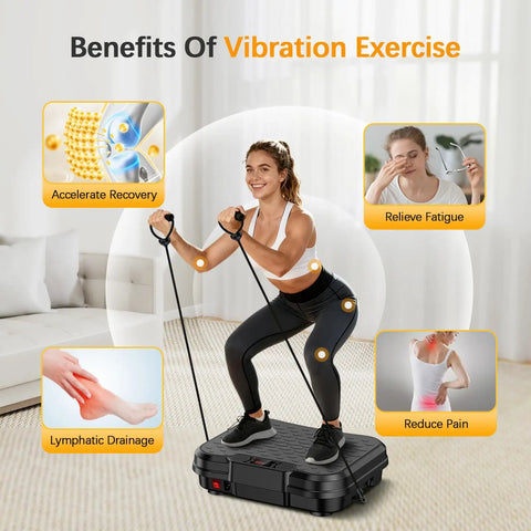 Woman using Vibration Plate Exercise Machine For Home Workouts No Gym Needed Platform, highlights benefits like recovery and pain reduction