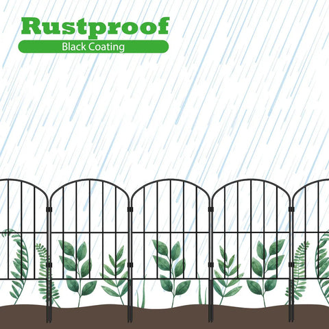 Arched Decorative Garden Fence Panels 10 Pack, 10ft Long By 24in High, Rustproof Metal Wire Border, shown against rain background