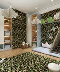 Child's bedroom with Green Camouflage Peel And Stick Vinyl Contact Paper For Walls Cabinets Shelves Dresser Drawers And Furniture Decals Removable Waterproof Self Adhesive 17.7 By 117 Inches Ideal For Diy Projects And Rental Decor on walls and rug