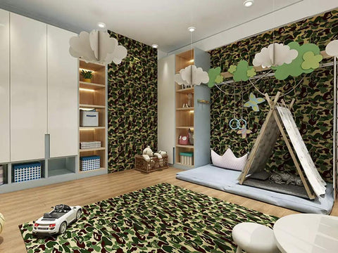 Child's bedroom with Green Camouflage Peel And Stick Vinyl Contact Paper For Walls Cabinets Shelves Dresser Drawers And Furniture Decals Removable Waterproof Self Adhesive 17.7 By 117 Inches Ideal For Diy Projects And Rental Decor on walls and rug