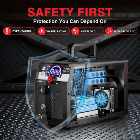 Dual Voltage Plasma Cutter 55A With Large LED Display, Contact Arc Start, IGBT Inverter, showing safety features