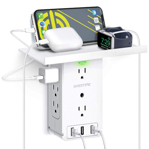 8 Outlet Wall Outlet Extender With 3 USB Ports And Built In Shelf Charging Station, Cable Organizer, No Tools Required, White