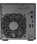 Back view of Rock Solid 4 Bay Network Attached Storage Drive featuring fan, ports, and outlet for efficient data management.