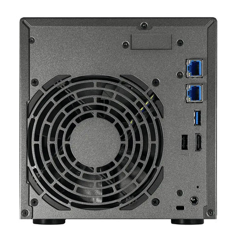 Back view of Rock Solid 4 Bay Network Attached Storage Drive featuring fan, ports, and outlet for efficient data management.