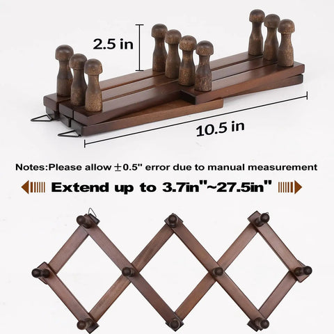 Expandable Wall Mounted Hat Rack With 10 Hooks, Space Saving Coat And Mug Organizer, Adjustable Accordion Design, Brown Wood
