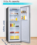 Rock Solid 11 Cubic Foot Convertible Upright Freezer Refrigerator with open door showcasing interior layout and shelves.
