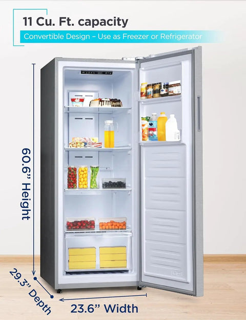 Rock Solid 11 Cubic Foot Convertible Upright Freezer Refrigerator with open door showcasing interior layout and shelves.