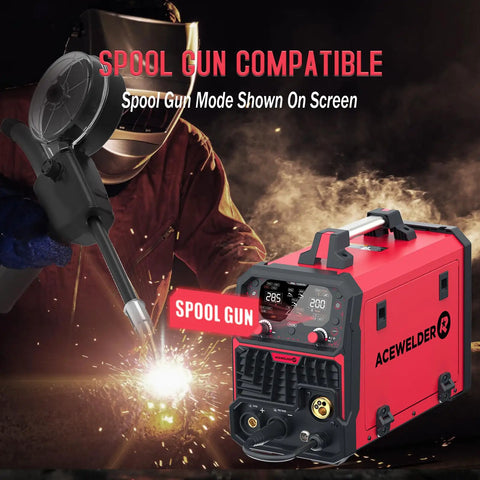 Aluminum MIG Welder 7 In 1 Multiprocess With Pulse MIG Gas And Flux Core MIG Stick MMA Lift TIG Spot Weld Spool Gun Compatible Dual Voltage 110V 220V Great For Home Shop And Auto Body with spool gun attachment displayed.