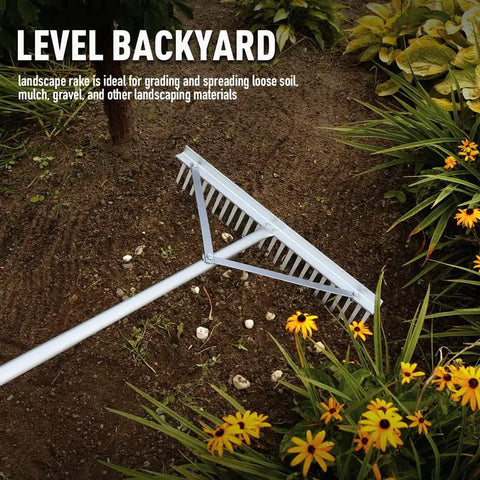 Landscape Rake With Aluminum Head And 68 Inch Handle, 24 Inch Width With 24 Tines in use in a flower bed with mulch and flowers