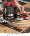 Solid Multi Function Router Base Built With Tough Three Eighth Inch Guide Rods For Dead On Edge Guidance in use for precise arc cutting.