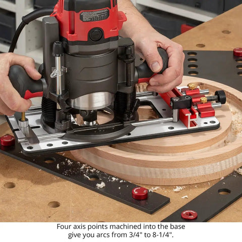 Solid Multi Function Router Base Built With Tough Three Eighth Inch Guide Rods For Dead On Edge Guidance in use for precise arc cutting.
