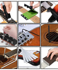 All In One Pro Guitar Setup And Repair Tool Kit With Work Mat And Neck Rest Cradle For Luthier Style Repairs close-up tools in use