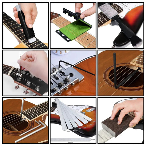 All In One Pro Guitar Setup And Repair Tool Kit With Work Mat And Neck Rest Cradle For Luthier Style Repairs close-up tools in use