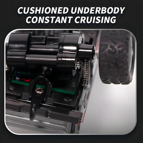 Close-up of cushioned underbody and wheel of Mini 1 To 64 Scale Monster RC Truck With Lights 2 Point 4GHz Remote Adjustable Speed Grey