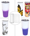 50 Pack 7X11 Inch Sublimation Shrink Films For 30 Oz Tumblers showing various designs and colors on tumblers ready for heat transfer.