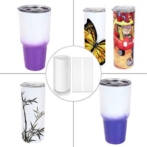 50 Pack 7X11 Inch Sublimation Shrink Films For 30 Oz Tumblers showing various designs and colors on tumblers ready for heat transfer.