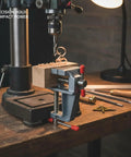Rock Solid Portable Aluminum Bench Vise for Small Parts Desktop Clamp for Drilling and Filing Hands Free Stability to Lock Tiny Pieces in Place Handy Compact Vise Clamp for Precise Work, clamping a wood block for drilling