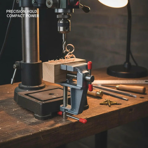 Rock Solid Portable Aluminum Bench Vise for Small Parts Desktop Clamp for Drilling and Filing Hands Free Stability to Lock Tiny Pieces in Place Handy Compact Vise Clamp for Precise Work, clamping a wood block for drilling