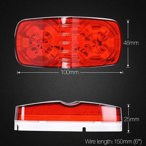Amber Red 2x4 Inch Double Bullseye Trailer Marker Light Set with 10 LED per light, surface mount dimensions shown, Tiger Eye style