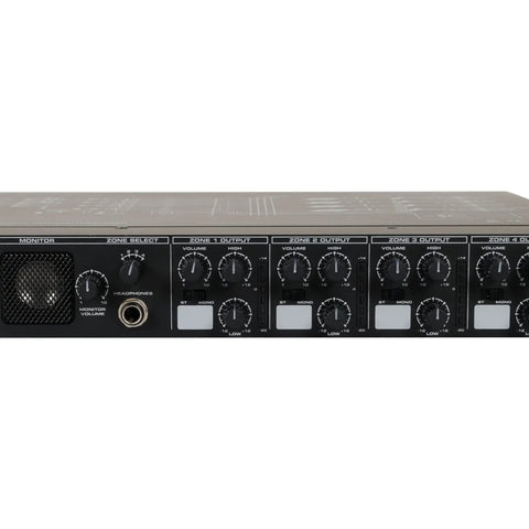 Front panel of Zone Four Channel Stereo Mixer For Installations With Mic Ducking, showing control knobs and headphone jack.