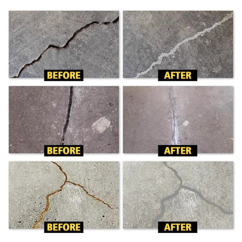 Before and after images of using 500g Concrete Crack Filler Waterproof Self Leveling Sealant on driveway and concrete cracks.