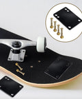 One Eighth Inch Rubber Skateboard Riser Pads With Mounting Screws And Nuts, shown on skateboard deck and separately with screws.