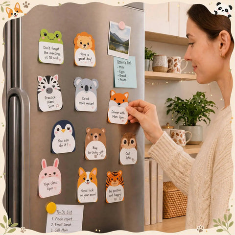 Person using Dope 24 Pack Cartoon Animal Sticky Notes Set With 1152 Sheets on refrigerator in kitchen setting.