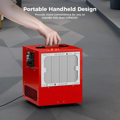 Portable Air Filtration System with 180 Degree Air Intake and High Velocity Vortex Fan, 850 to 1050 CFM, being carried by hand.
