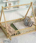 Tent Shaped Floor Bed With Guardrails And Slats For Privacy And Safe Sleep, Durable Rubber Wood And Plywood Frame With 7 Slats