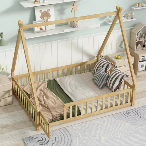 Tent Shaped Floor Bed With Guardrails And Slats For Privacy And Safe Sleep, Durable Rubber Wood And Plywood Frame With 7 Slats