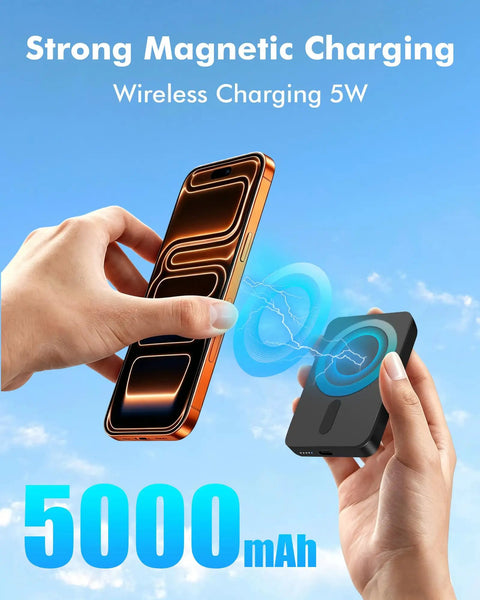 Ultra Slim Magnetic Portable Charger For Smartphones 5000mAh Power Bank in use with smartphone, demonstrating magnetic 5W charging.