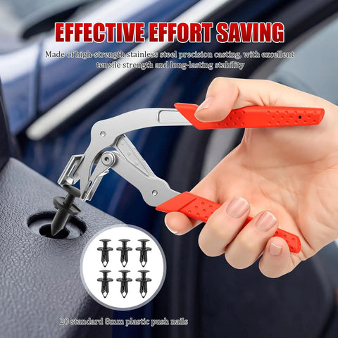 Non Destructive Car Clip Pliers Set With 20 8mm Rivets, stainless steel auto fastener remover being used on door panel