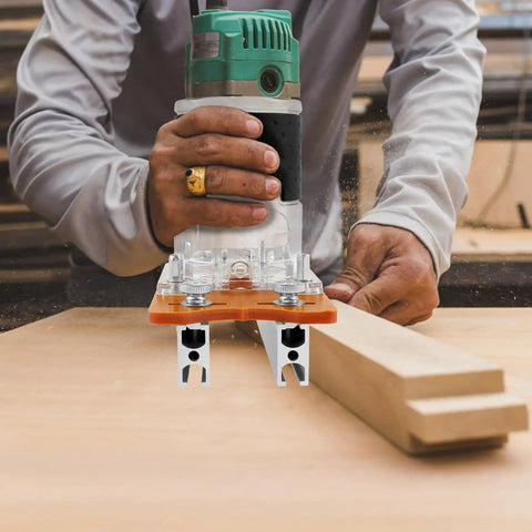 Top Tier Aluminum Wood Trimmer Router Base With Adjustable Slotting Bracket Drops Right In For Butter Smooth Routing And Reliable Cuts On Lumber Fits 65 Mm Bore Accepts 6 To 56 Mm Shafts with trimmer in use on wood.