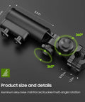 Heavy Duty Aluminum Umbrella Holder for Golf Push Carts Windproof Base with Dual Knob Clamp shown in detail with dimensions.