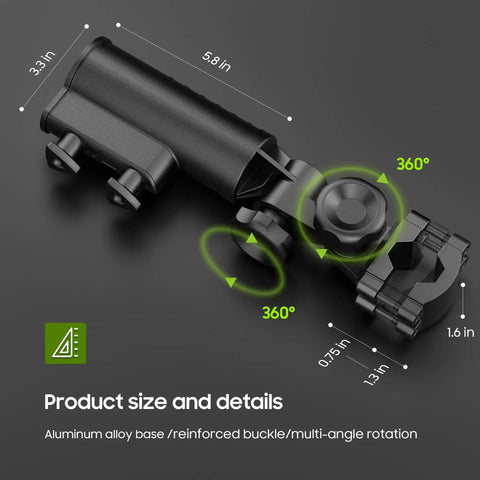 Heavy Duty Aluminum Umbrella Holder for Golf Push Carts Windproof Base with Dual Knob Clamp shown in detail with dimensions.