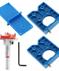 35mm Forstner Bit And Concealed Hinge Jig Set 5 Piece Kit with blue components and red cutter for precise cabinet door boring.