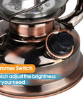 Close-up of dimmer switch on Go Anywhere Retro Vibe Battery Powered LED Hurricane Lantern Copper Finish With Dimmer Switch 15 LEDs