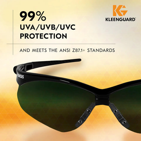Nemesis Safety Glasses with IRUV Shade 5.0 Lenses in Black Frame, ANSI Z87.1 Plus Certified Eye Protection display with logo
