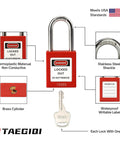 Heavy-Duty Lockout Tagout Station Kit With 4 Brass Cylinder Safety Padlocks, featuring details like stainless steel shackle and thermoplastic body.