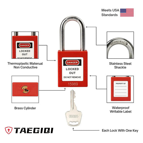 Heavy-Duty Lockout Tagout Station Kit With 4 Brass Cylinder Safety Padlocks, featuring details like stainless steel shackle and thermoplastic body.